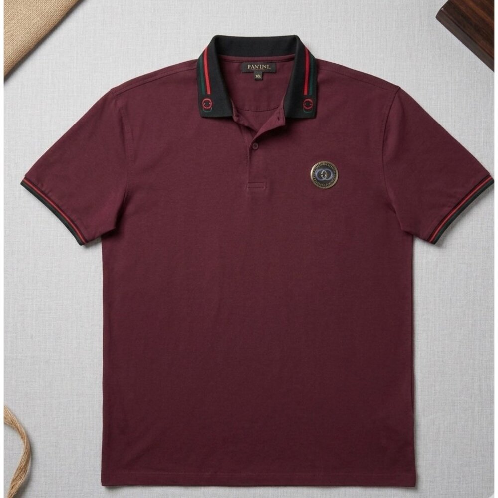 Pavini Mens Polo Shirt XXL Burgundy W/ Black Collar & Red/Green Accents